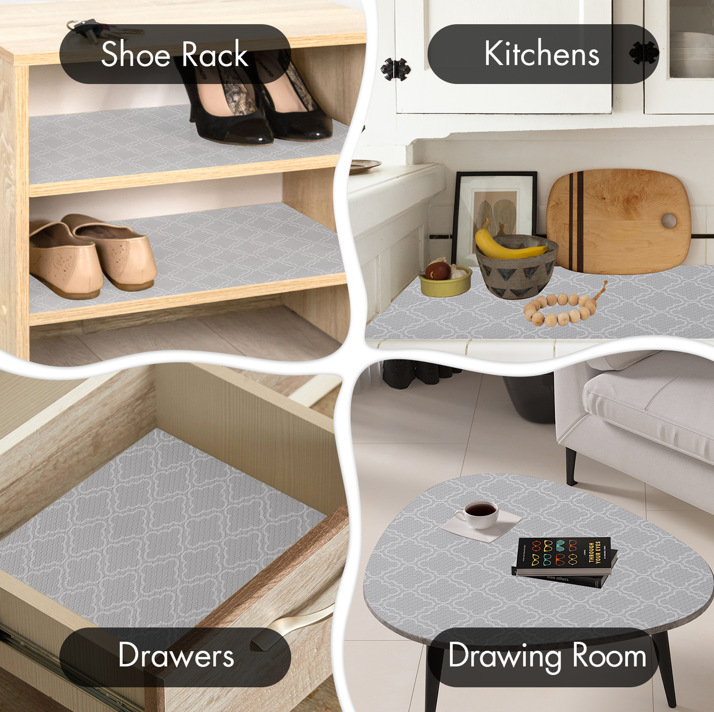 Cooyes Shelf Liner – Non-Adhesive Shelf Liners for Kitchen Cabinets – Waterproof Shelf Paper with Modern Pattern – Durable EVA Cabinet Liners