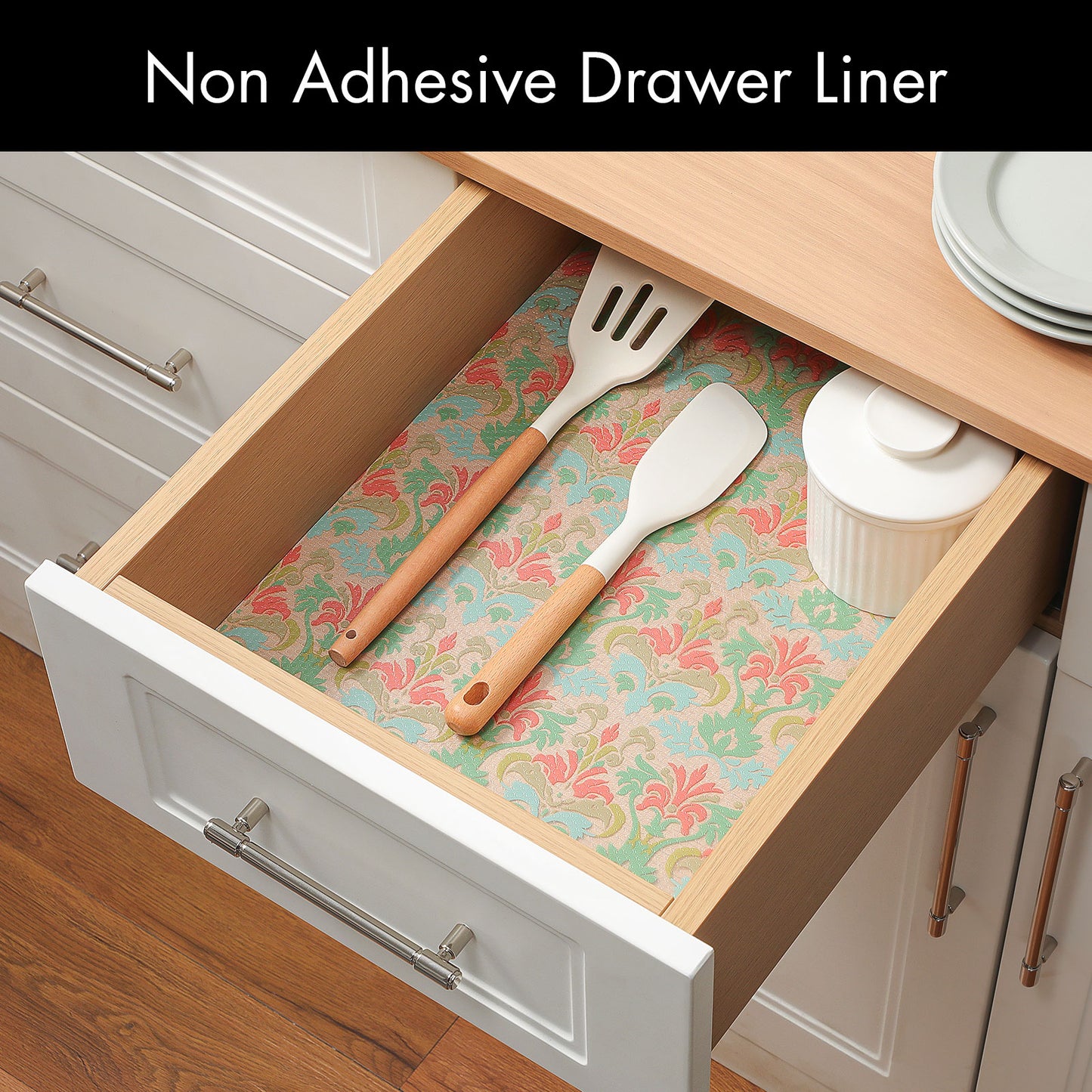 Cooyes Shelf and Drawer Liners for Kitchen Cabinets, Non-Adhesive Cabinet Liners, EVA Waterproof Durable Shelf Paper for Refrigerator, Shelves, Cupboard with European Pattern, Easy to Cut