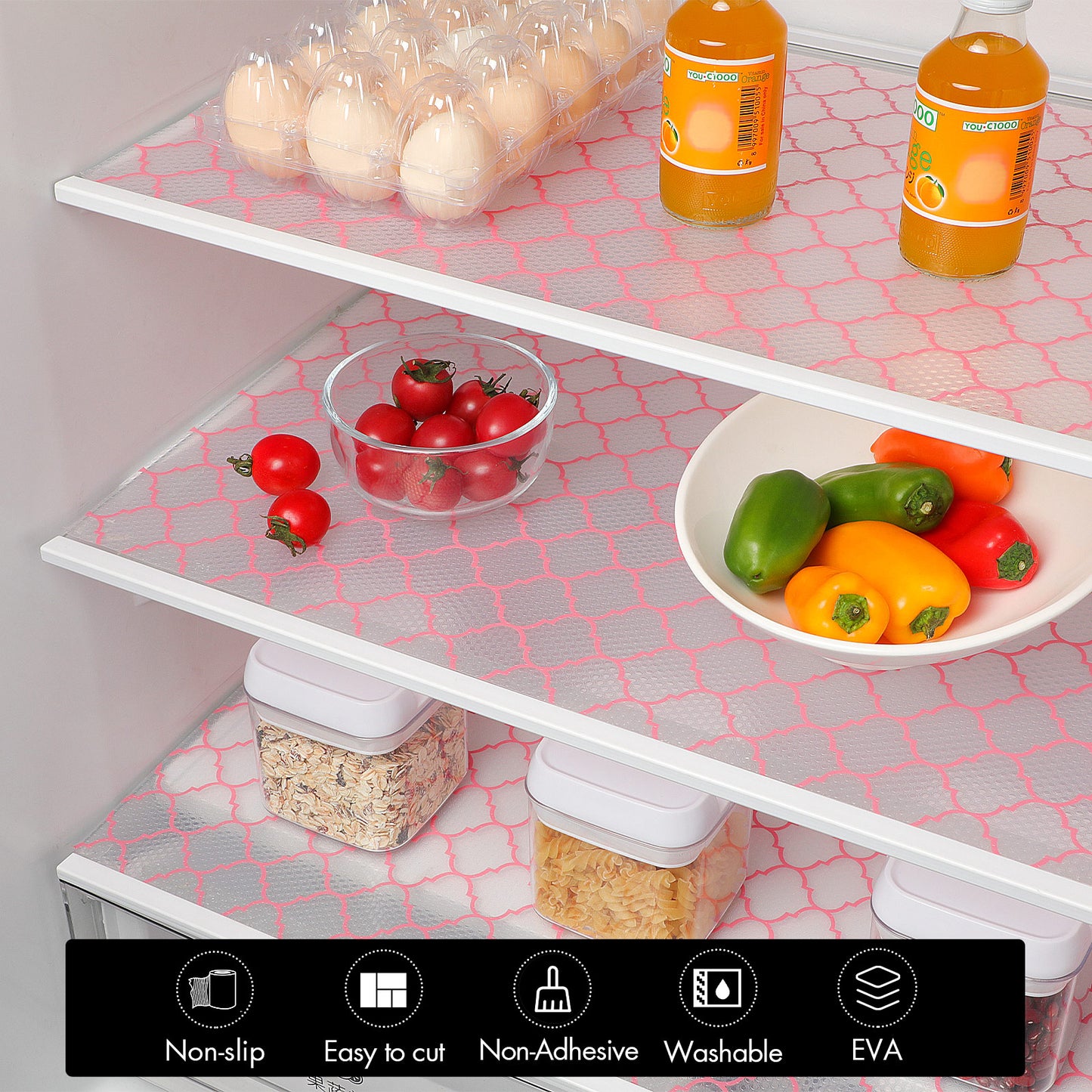 Cooyes Shelf and Drawer Liners for Kitchen Cabinets, Non-Adhesive Cabinet Liners, EVA Waterproof Durable Shelf Paper for Refrigerator, Shelves, Cupboard with European Pattern, Easy to Cut