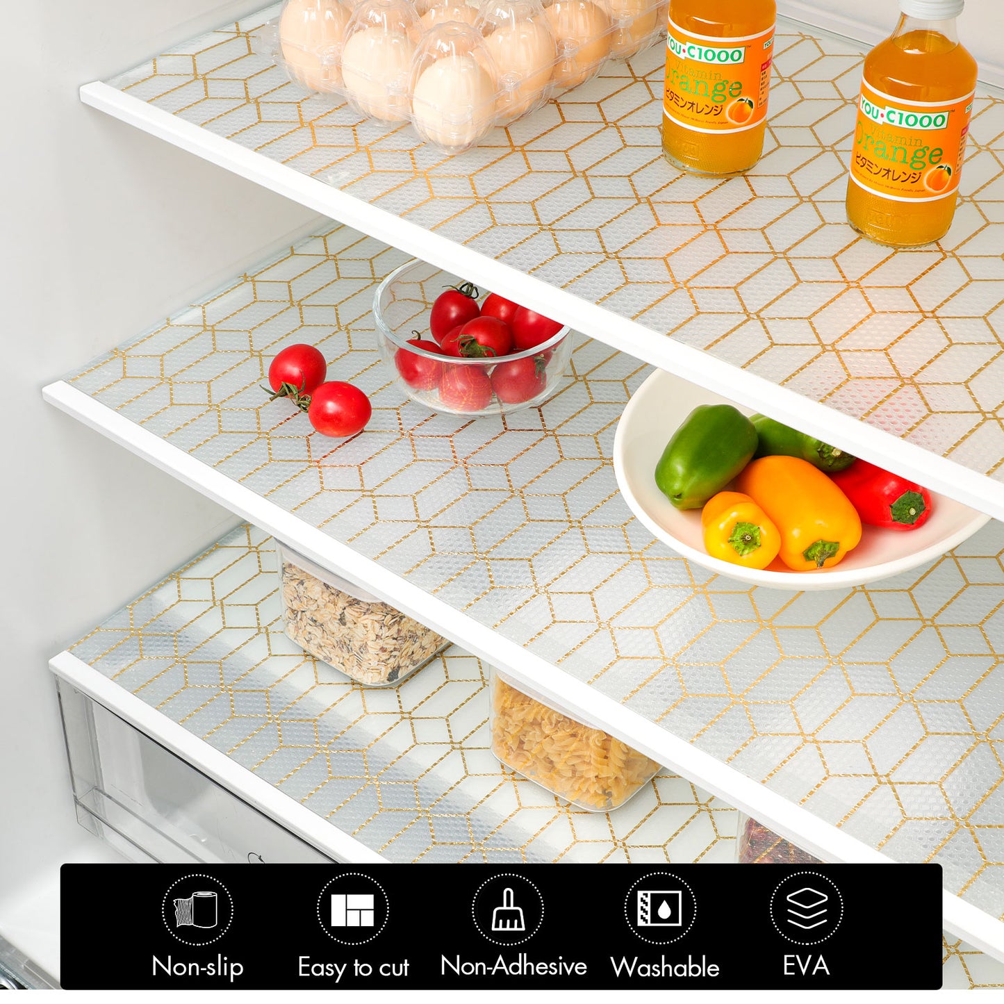 Cooyes Shelf and Drawer Liners for Kitchen Cabinets, Non-Adhesive Cabinet Liners, EVA Waterproof Durable Shelf Paper for Refrigerator, Shelves, Cupboard with European Pattern, Easy to Cut
