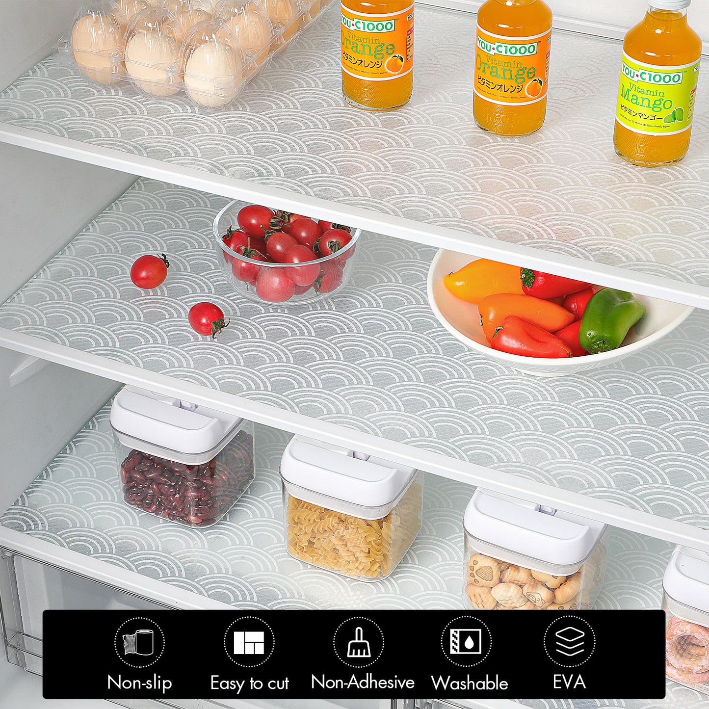 Cooyes Shelf and Drawer Liners for Kitchen Cabinets, Non-Adhesive Cabinet Liners, EVA Waterproof Durable Shelf Paper for Refrigerator, Shelves, Cupboard with European Pattern, Easy to Cut
