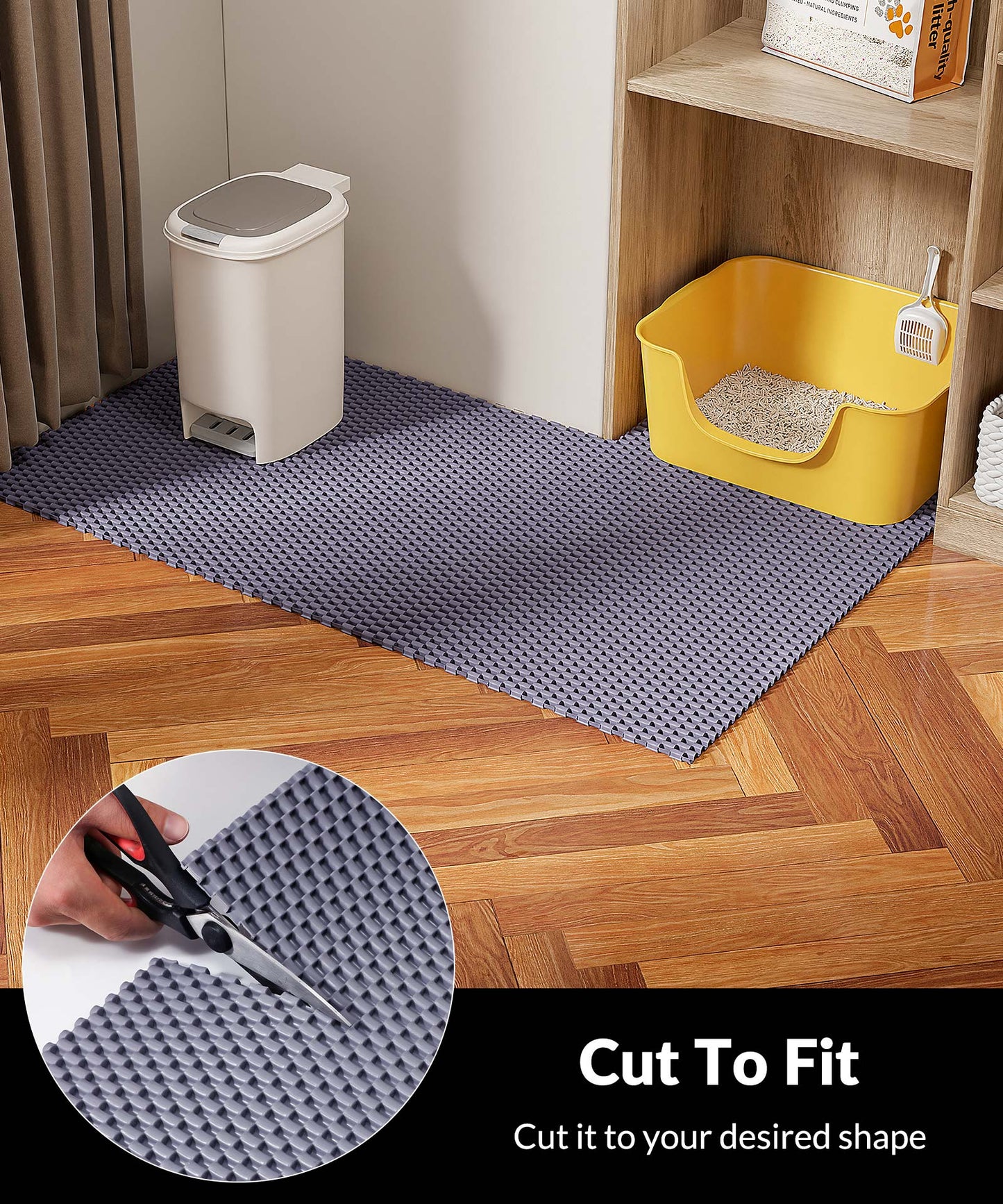 Cooyes Cat Litter Mat - Cut to Fit Any Place, 35"x23" Large Litter Trapping Mat for Litter Box, Easy to Clean, Waterproof & Non-Slip Kitty Pad, Scatter Control to Protect the Floor (Grey)