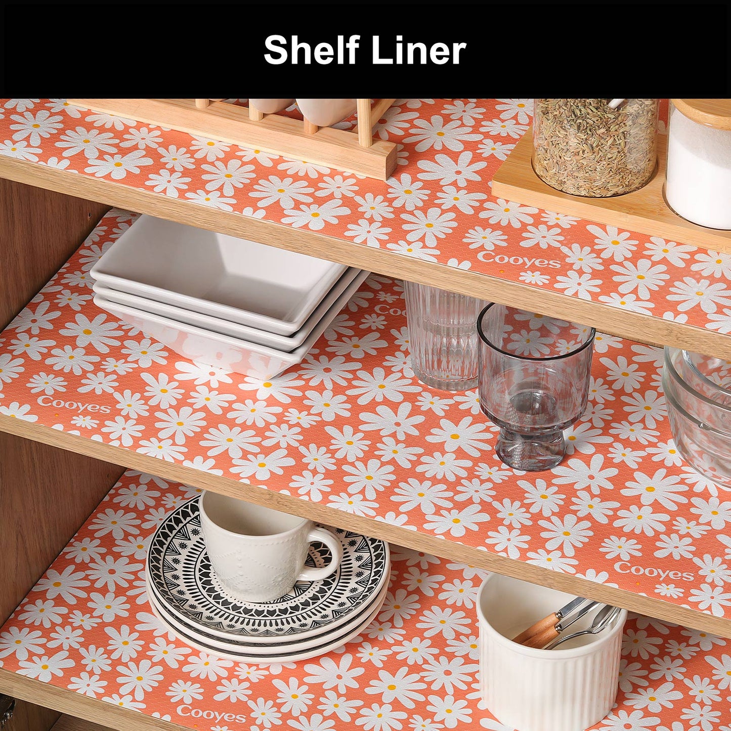Cooyes Shelf Liner – Premium Non-Adhesive Cabinet & Drawer Liner for Kitchen – Waterproof Shelf Paper with Modern Pattern – Durable EVA Cabinet Mat – Easy to Cut