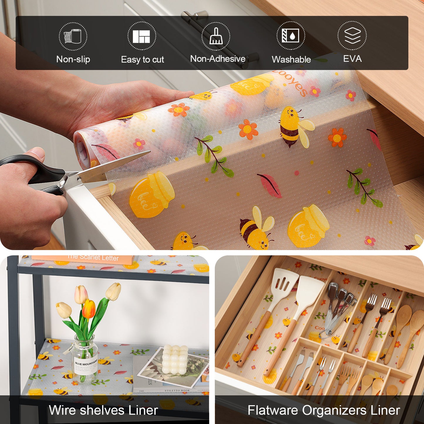 Cooyes Shelf Liner – Premium Non-Adhesive Cabinet & Drawer Liner for Kitchen – Waterproof Shelf Paper with Modern Pattern – Durable EVA Cabinet Mat – Easy to Cut