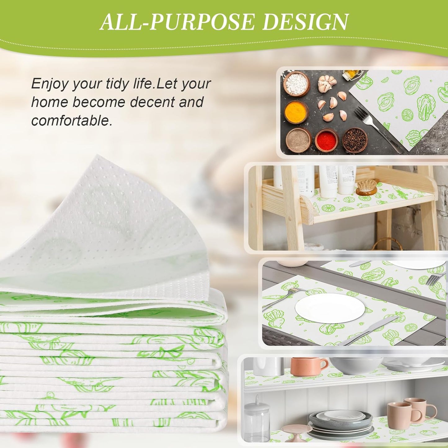 Cooyes Refrigerator Liners, Premium Absorbent Fridge Liners Non-Slip Washable, 12" x 24" Refrigerator Shelf Liners and Mats for Glass Shelves, Kitchen Cabinets, Non-Adhesive(6 PCS Green Veggie)