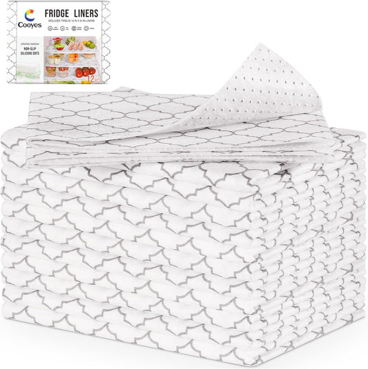 Cooyes 12 Pack Refrigerator Liners, Non Slip Fridge Liners Mats Washable, Refrigerator Shelf Liner for Glass Shelves and Kitchen Cabinet Drawer