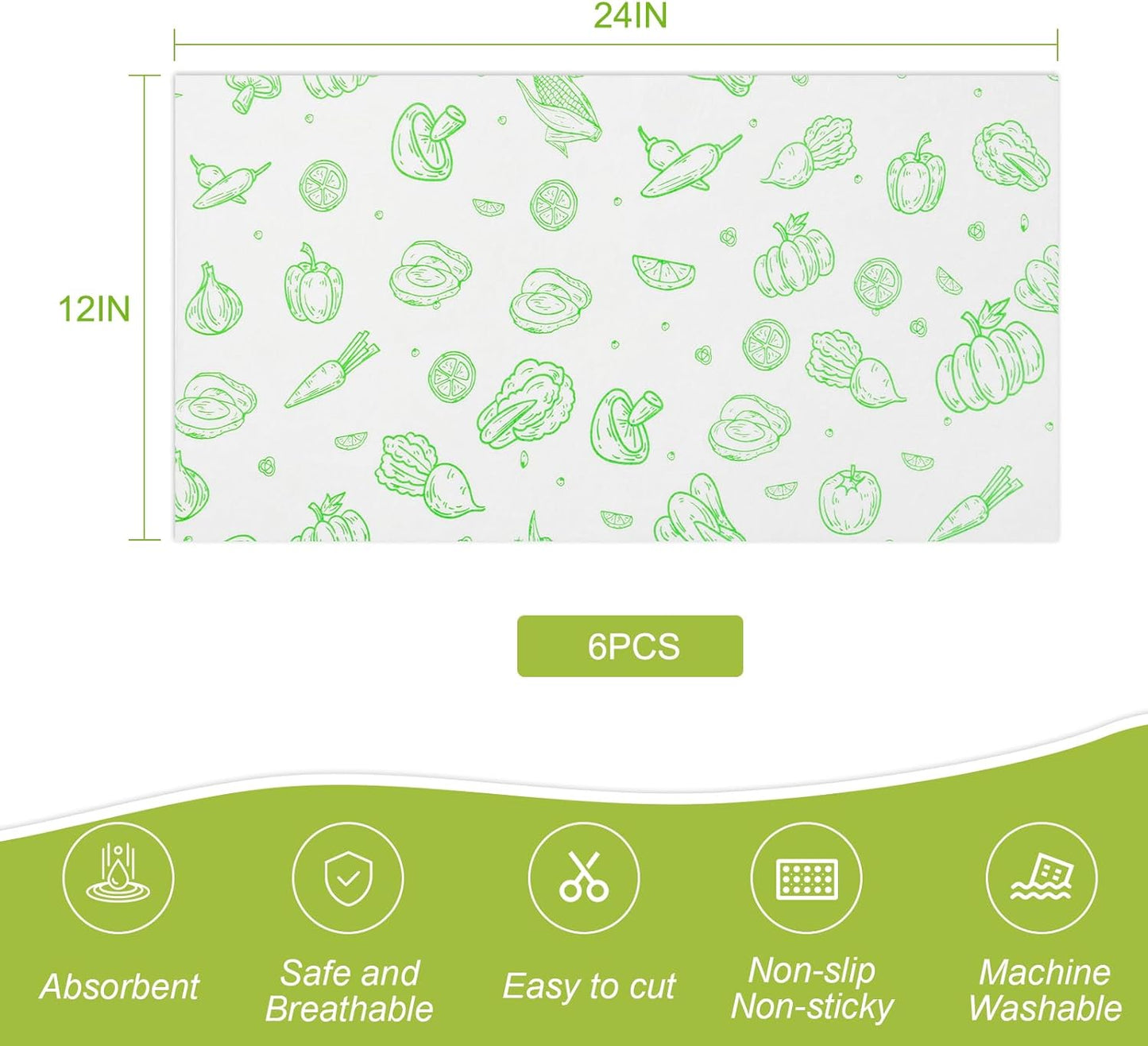Cooyes Refrigerator Liners, Premium Absorbent Fridge Liners Non-Slip Washable, 12" x 24" Refrigerator Shelf Liners and Mats for Glass Shelves, Kitchen Cabinets, Non-Adhesive(6 PCS Green Veggie)