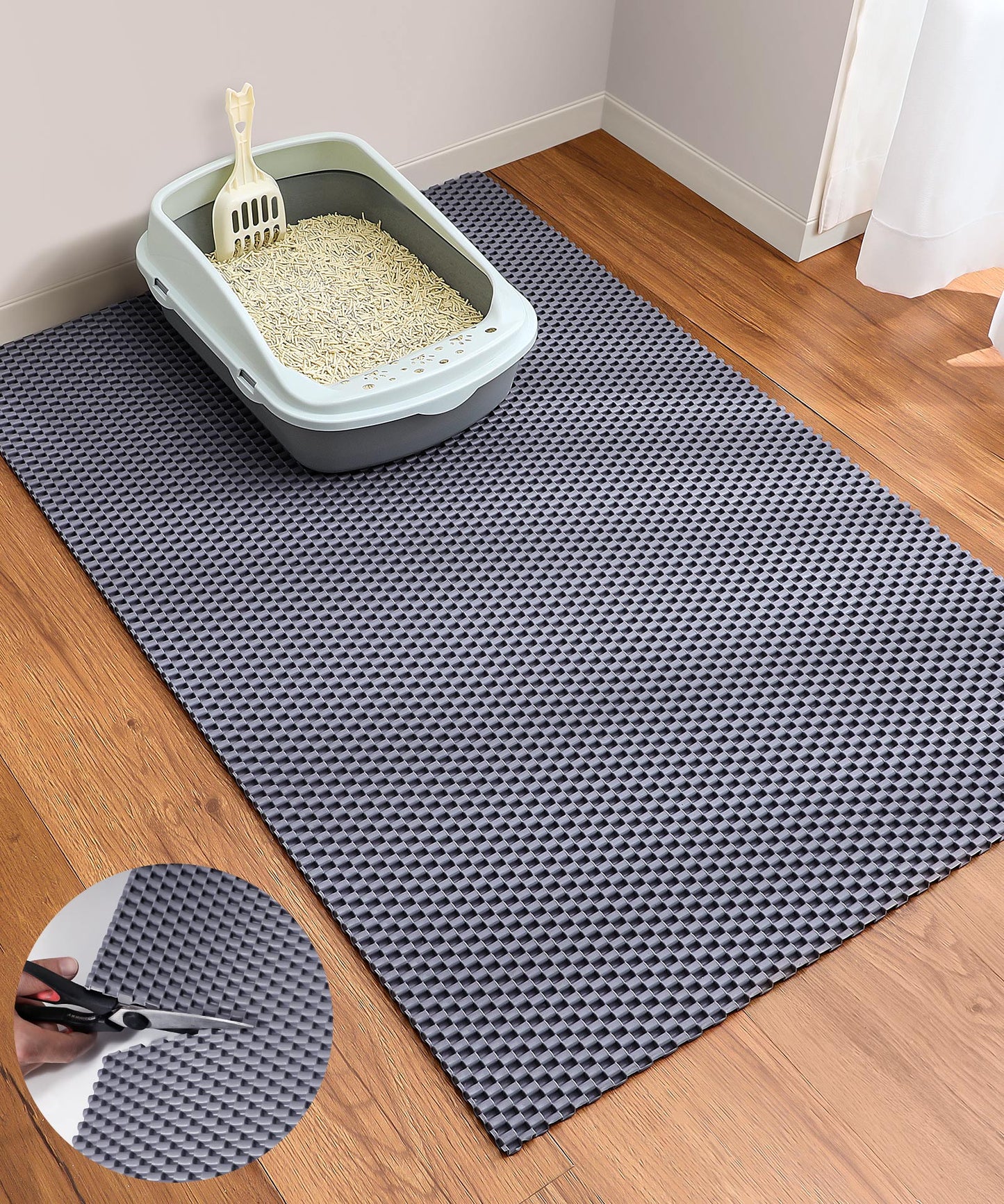 Cooyes Cat Litter Mat - Cut to Fit Any Place, 35"x23" Large Litter Trapping Mat for Litter Box, Easy to Clean, Waterproof & Non-Slip Kitty Pad, Scatter Control to Protect the Floor (Grey)
