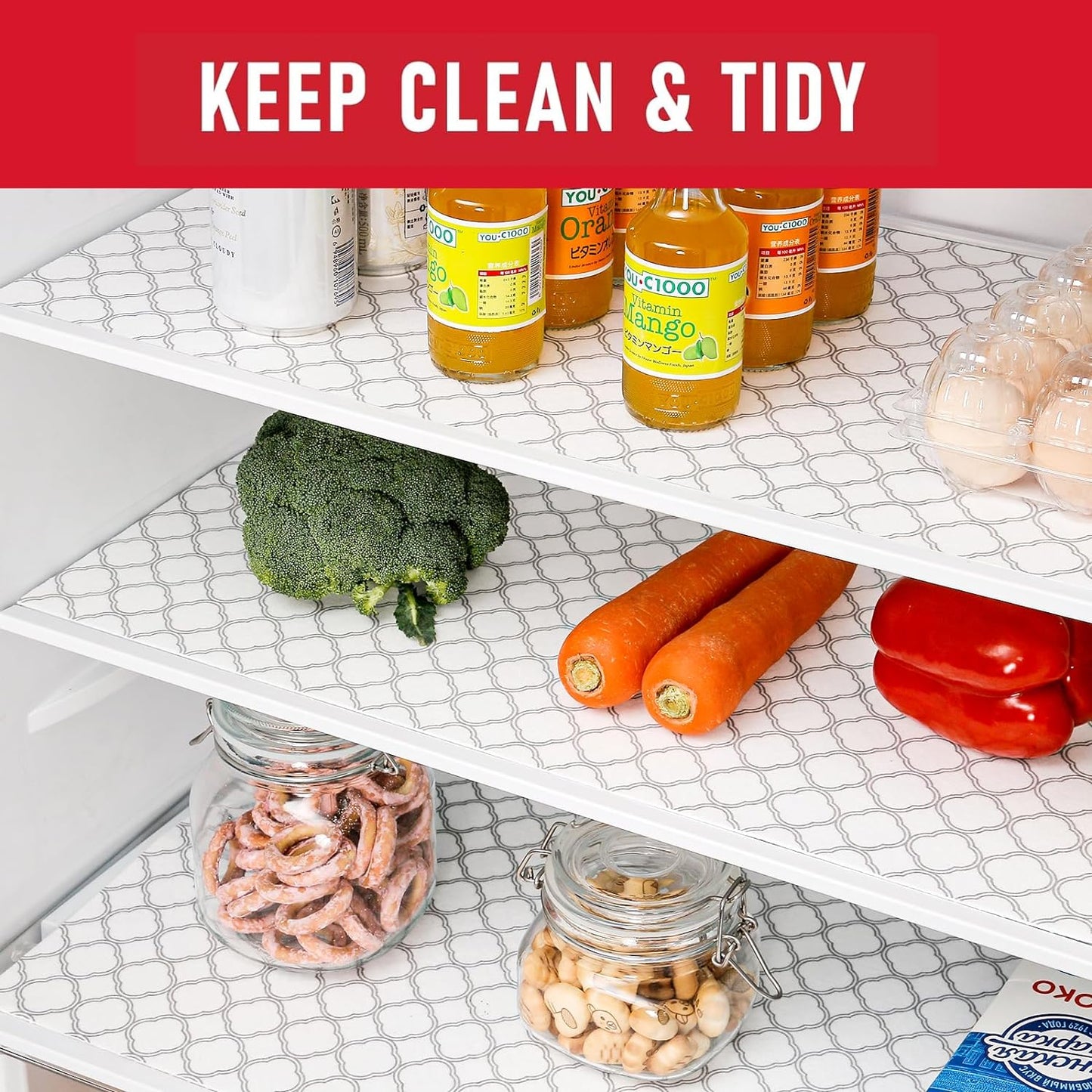 Cooyes Non Slip Refrigerator Liners, 2 in 1 Absorbent Fridge Liners and Fresh Mats Machine Washable, Refrigerator Shelf Liner for Glass Shelves Kitchen Cabinet Drawer Liners