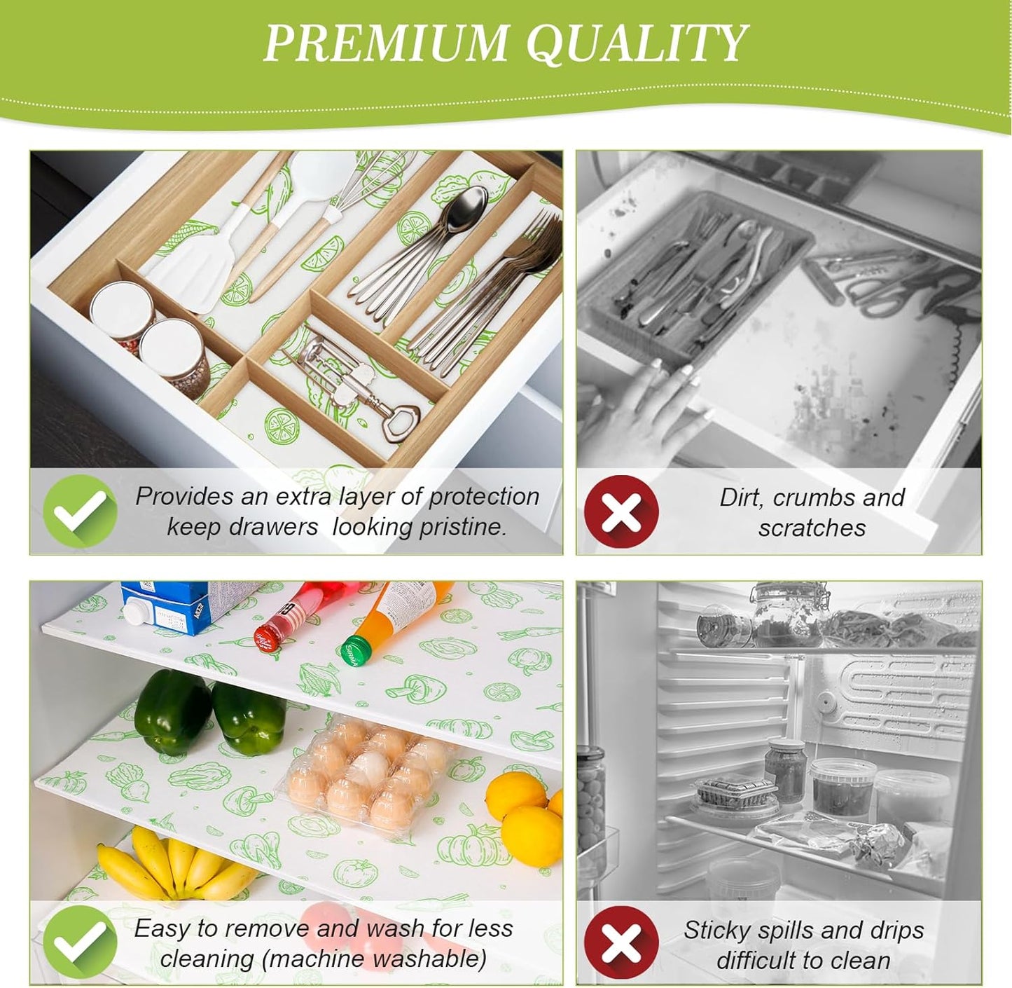 Cooyes Refrigerator Liners, Premium Absorbent Fridge Liners Non-Slip Washable, 12" x 24" Refrigerator Shelf Liners and Mats for Glass Shelves, Kitchen Cabinets, Non-Adhesive(6 PCS Green Veggie)