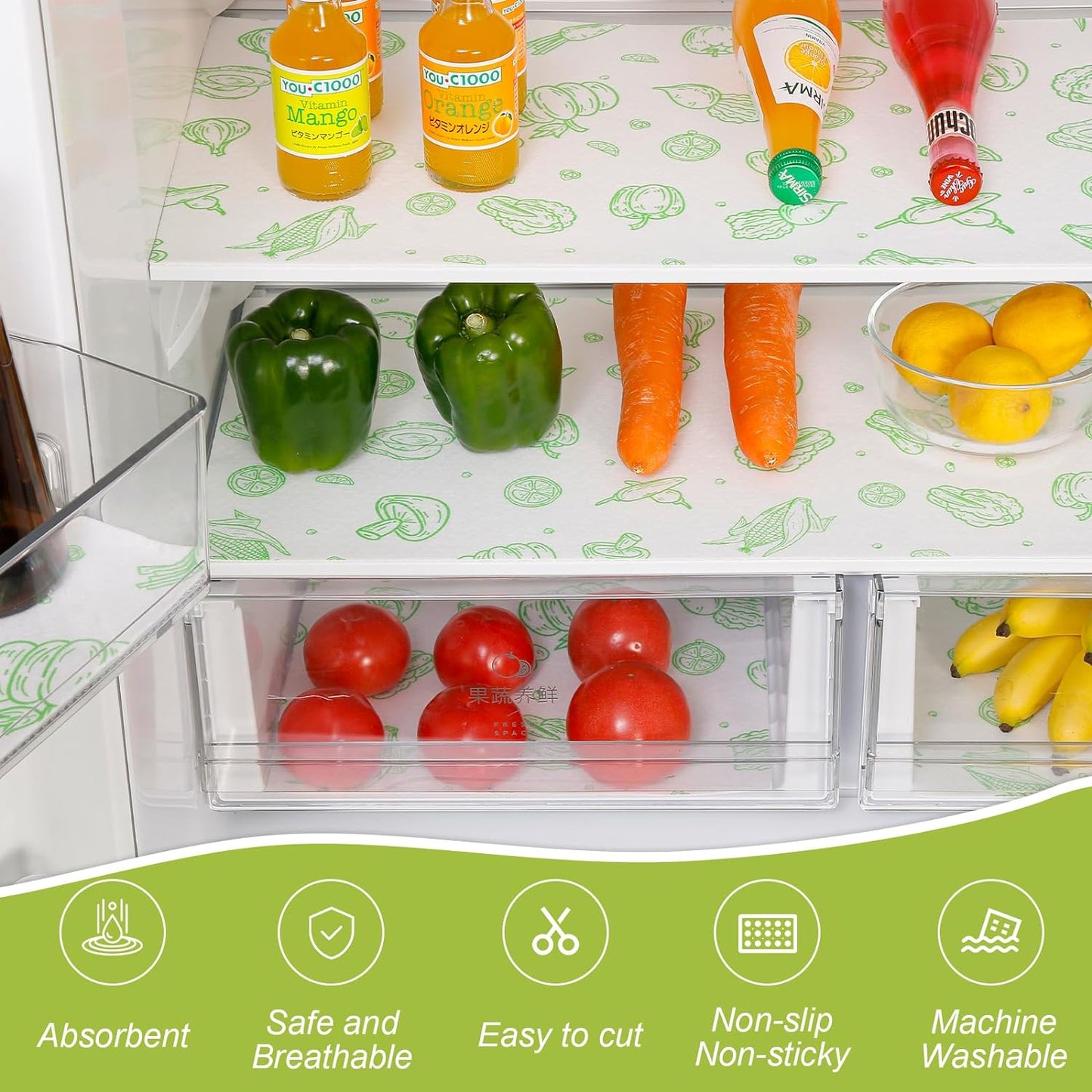 Cooyes Refrigerator Liners, Premium Absorbent Fridge Liners Non-Slip Washable, 12" x 24" Refrigerator Shelf Liners and Mats for Glass Shelves, Kitchen Cabinets, Non-Adhesive(6 PCS Green Veggie)