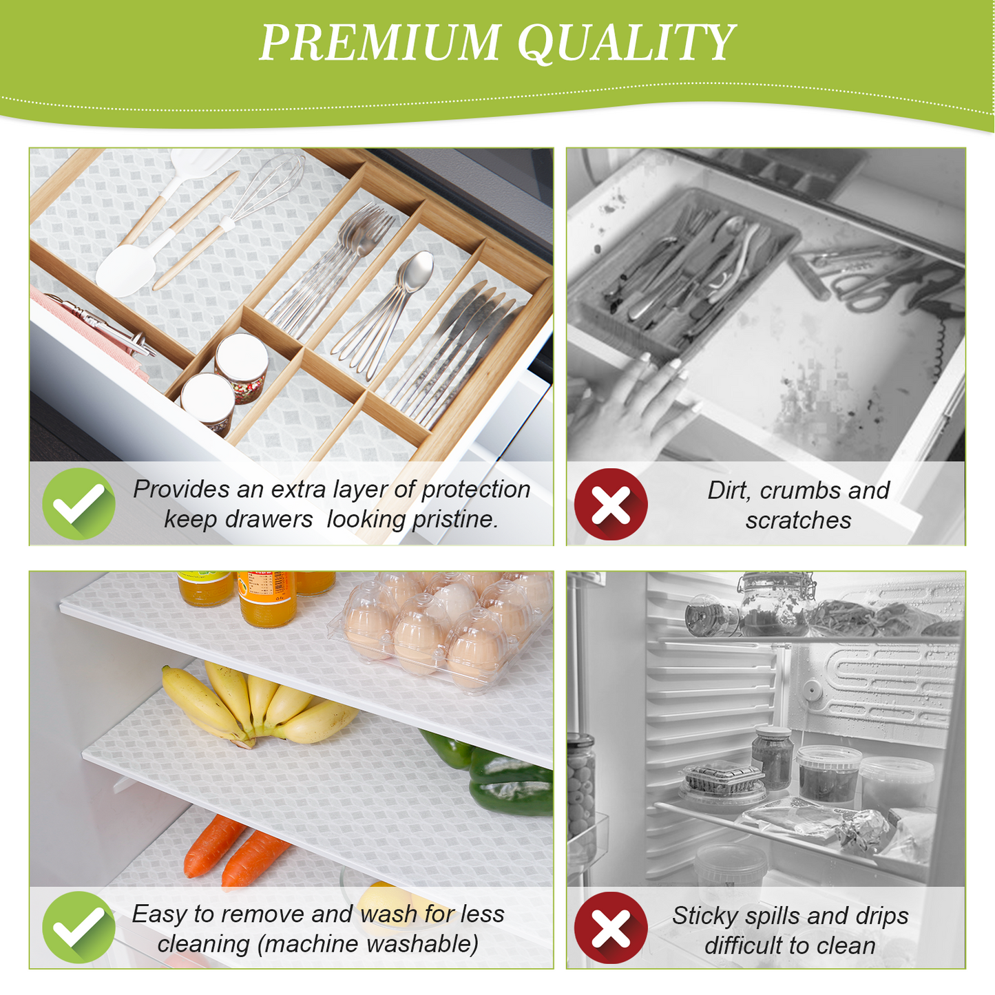 Cooyes Refrigerator Liners, Premium Absorbent Fridge Liners Non-Slip Washable, 12" x 24" Refrigerator Shelf Liners and Mats for Glass Shelves, Kitchen Cabinets, Non-Adhesive(6 PCS Green Veggie)